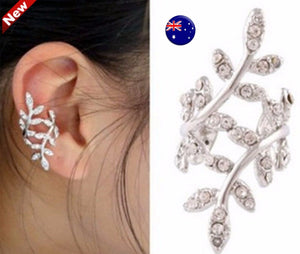 1x Women Lady Silver color Leaf Crystal Ear clip on side No Pierce earring