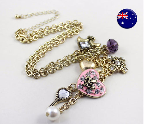 Women Girl Retro Vintage Look Gold color Pink Heart Key Long Necklace Gift her