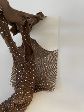 Women Crystal Rhinestone Coffee Fishnet Open Crotch Pantyhose Stockings Tights