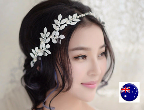 Women White Leaf Pearl Wedding Bride Party Hair Headband Head Crown Tiara Prop