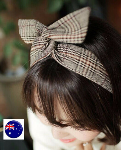 Women Girl Brown Green Check wire Bunny Hair Band Ear Bow Headband Tie up Strap Brown beige Check headband