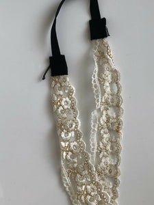 Women Lace Creamy White boho gold Embroidery Hair Head band elastic headband