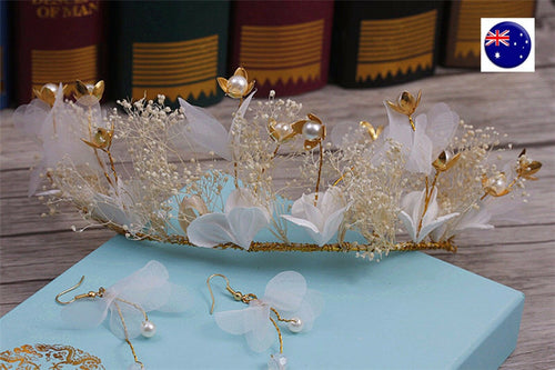 Women Girl Gold White Wedding Bride Party Hair Headband Crown Tiara Prop Earring