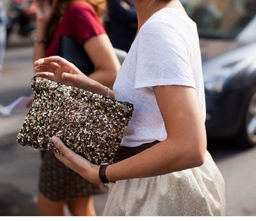 Women night Sequins Metallic Gold color Bling Party Bag Clutch Evening Handbag