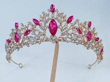 Women Bride Prom Pink Rhinestone Queen Crystal Gold Color Headband Tiara Crown