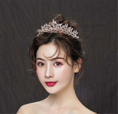 Women Rhinestone Crystal Queen Prom Party Hair Headband Rose Gold Crown Tiara