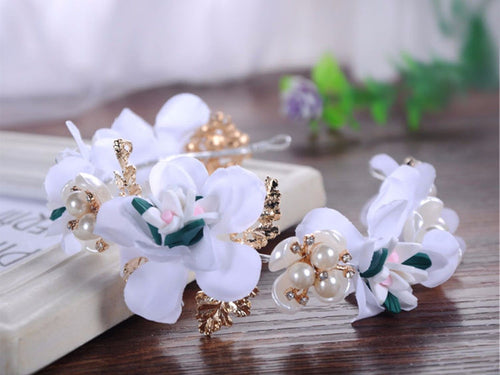 Women Girl White Flower wedding Bride Prom Party Hair piece Headband Crown Prop