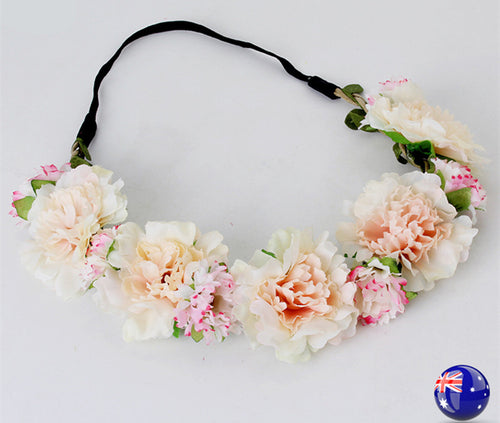 Women Beige Pink flower Girl Hair braided Band Elastic Headband Prop Garland