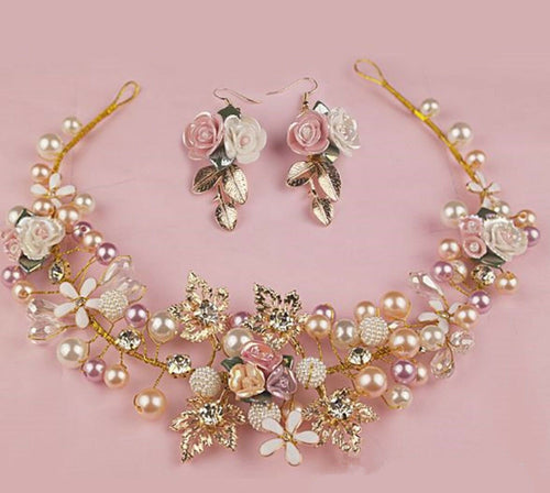 Women Wedding Bride Rose gold leaf Pearl Hair Headband Garland Hairpiece Earring