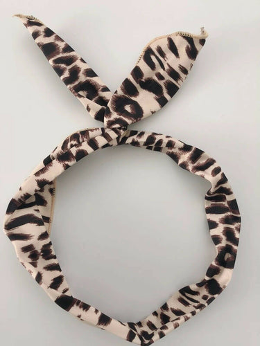 Women Girl Beige Leopard Pattern wire Bunny Bow Hair Head band Headband Wrap