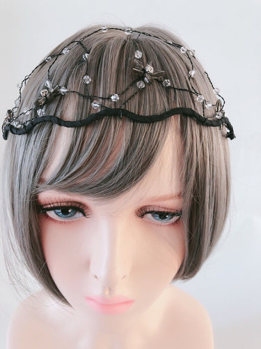 Women Girl Prom Vine Crystal Black Net Wide Hair Headband Hoop tiara Crown Band