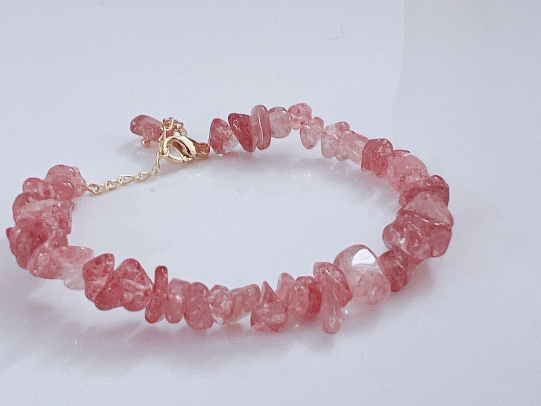 Women Beaded Pink Strawberry Quartz Crystal Bracelet Jewlery Chain Gift For Her