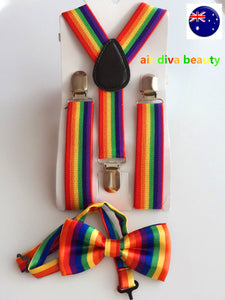 Kid Child Baby Costume Party Rainbow Colorful Stripe Brace Suspender bowtie set