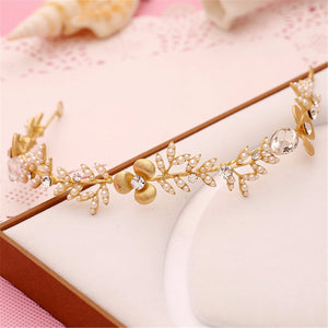 NEW Women Bride Beach wedding Flower Girl gold leaf Pearl Hair Headband Garland