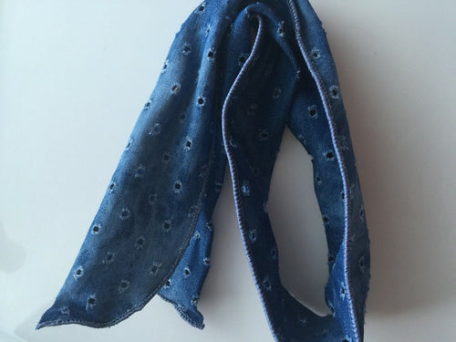 Women Girl Retro 70' 80' Ripped Blue Denim wire Bow bunny hair wrap tie headband Dark blue Denim