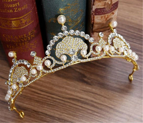 Women Bride Mermaid Party Shell Prom Hair Head Crystal Pearl Gold crown Tiara