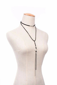 Women Lady retro BOHO Black Syn Suede leather double Long Necklace Strap tie