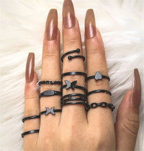 Women 12 BOHO Black Color Retro Joint knuckle stacking Finger tip Rings set