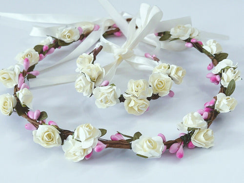 Women Flower Girl Small Flower Cream White Hair Headband Crown Garland+ bracelet