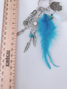 Women Bohemian BOHO Blue Feather Dream Catcher Crystal Key Ring holder Keyring