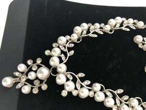 Women White Pearl Party Silver Crystal Shine Rhinestone Necklace Earrings Set