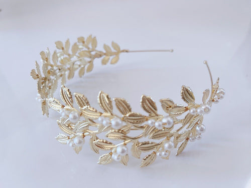 Women Light Gold Color boho Leaf Pearl Elf Party Hair Headband Crown Tiara Hoop