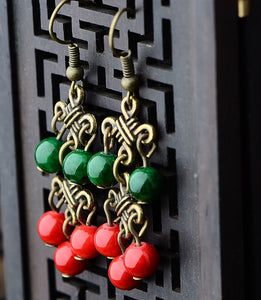 Women Retro Boho Beads Green Red Long Tassel Chain party Earrings Ear Hook Drop