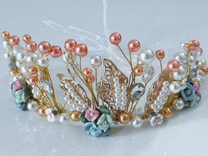 Women Beige Flower Girl gold Leaf Pearl Hair Band Headband Prom Tiara Crown