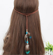 Women Girl Bohemian Blue Feather Suede Hair head band Headband Strap Wrap belt