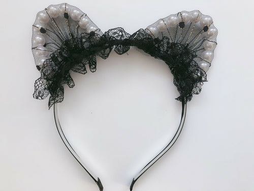 Women Girl Black Fancy Lace Pearl Cat Ears Party Hair Head Headband band hoop
