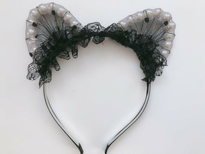 Women Girl Black Fancy Lace Pearl Cat Ears Party Hair Head Headband band hoop