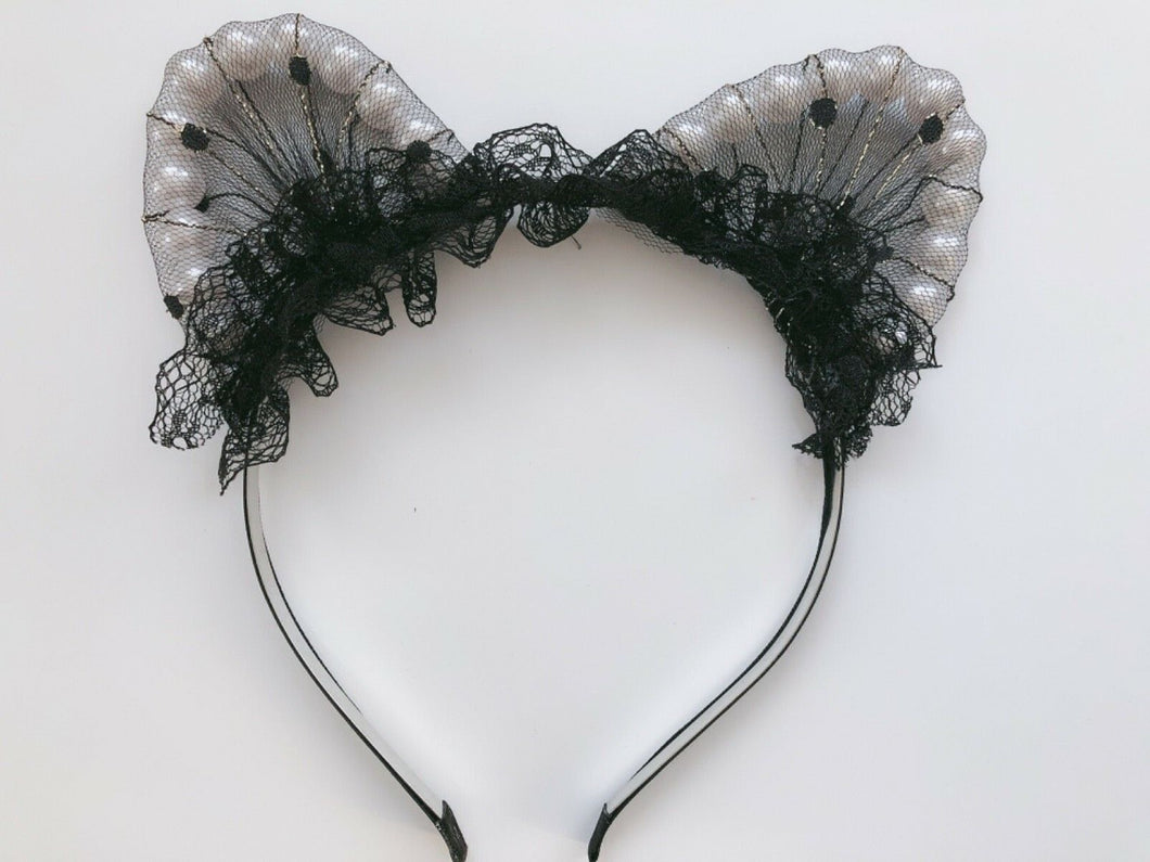 Women Girl Black Fancy Lace Pearl Cat Ears Party Hair Head Headband band hoop