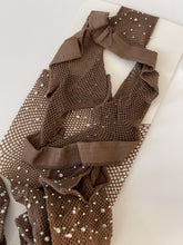 Women Crystal Rhinestone Coffee Fishnet Open Crotch Pantyhose Stockings Tights