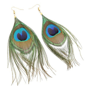 Women Ladies Boho Bohemian Party Peacock Feather Dangle Earrings Ear drop