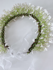 Women White little flower babys breath Hair Headband Greenery Halo Crown Garland