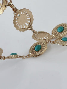 Women Gold Tone Retro Bohemian Turquoise Blue Chain Dress Slim Belt