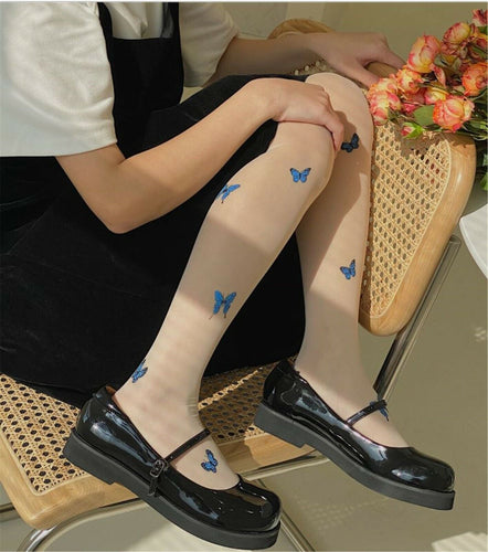 Women Cream White Retro Butterfly embroidery Fancy Stockings Pantyhose Tights