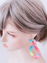 Women Raffia Beach Rainbow Colorful Multi-cloured Geometry Oval Big Earrings