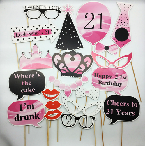 21st Happy Birthday Party hat balloon Cake Selfie Photo Booth Prop Game Sign