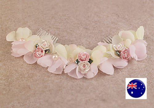 Women Wedding Pink beige Flower Bride Race Dance Hair Comb head piece headband