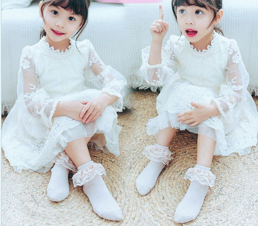 Girl Cream White Fancy Ankle Ruffle Frilly Short Lace Cotton Socks 15cm 3-6years