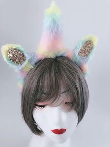 Womens Girl Fluffy Rainbow Unicorn Horn Costume Ear Party Hair band headband