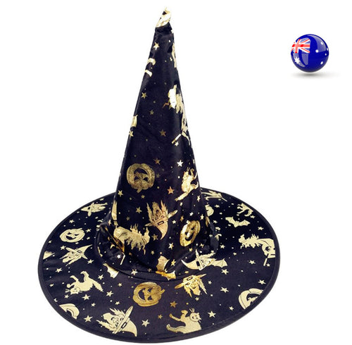 Women Adult Girl Child Halloween Costume Fancy long gold Black Witches Hat Cap