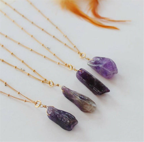 Women Gold Color Slim Bar 3 Layers purple quartz amethyst crystal Long Necklace