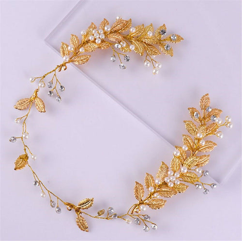 Women Gold Color boho Leaf Pearl Elf Party Hair Headband Crown Tiara Hairpiece