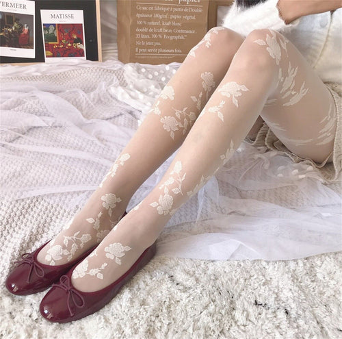 Women Fancy Retro White lace embroidery Rose Flower Stockings Pantyhose Tights