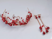 Women Red Bead Butterfly Hair Headband Garland Leaf  Tiara Fascinator Earrings