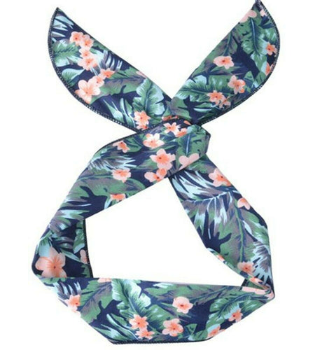 Women Hawaii retro Boho Tropical Leaf Wire bow scarf Hair head band headband Blue Pink Floral headband
