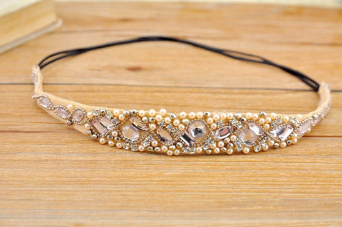 Women BOHO Crystal Rhinestone Bling Beige Bride Elastic Hair Headband Head band
