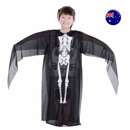 Boy Girl Kids Halloween Black Skeleton Bone Skull Costume Tops Gown Cover Cape